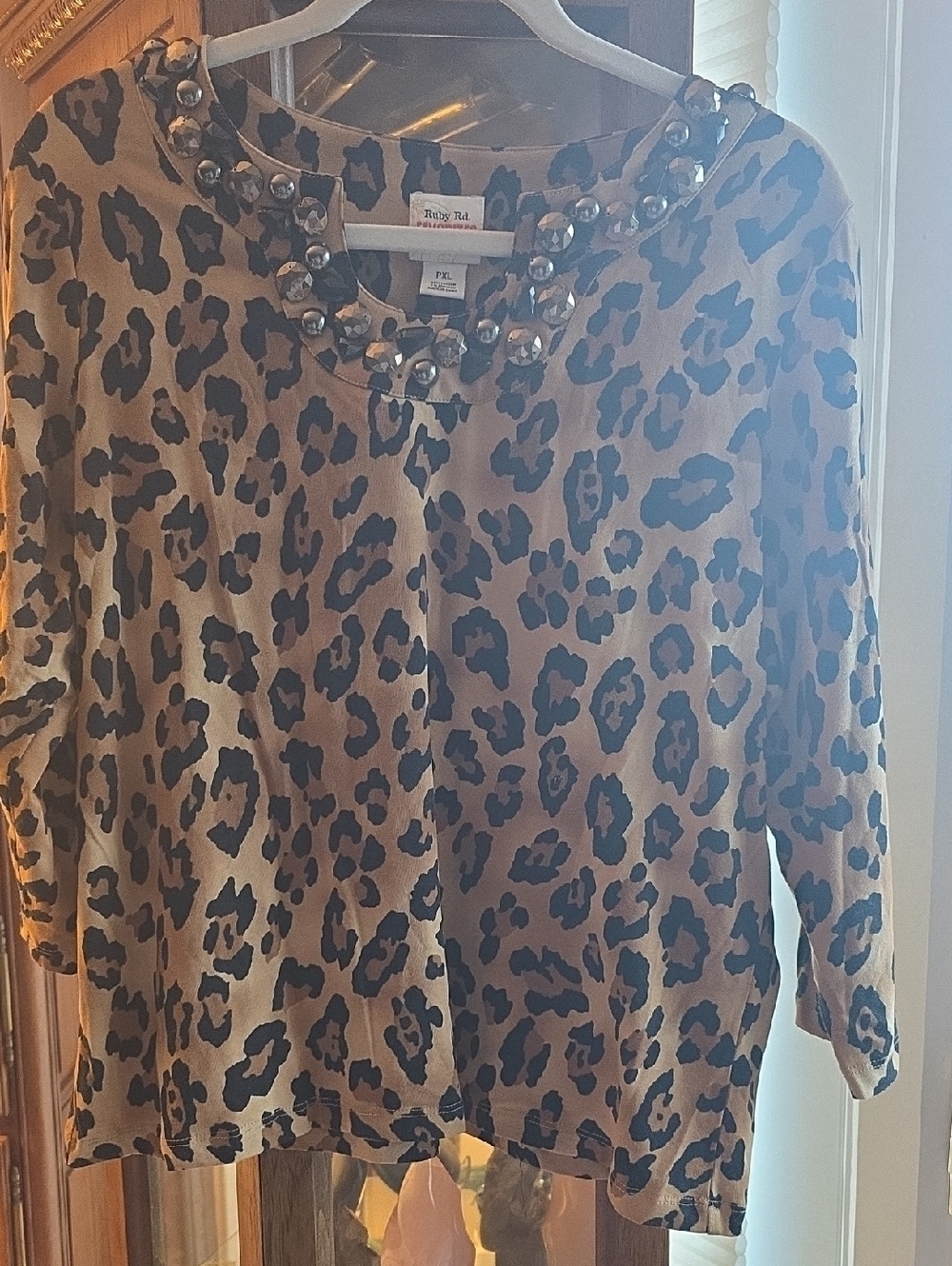 Ruby Rd. Leopard Print Jewel-Neck Top in Brown and Black